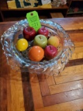 Footed Fruit Bowl (has a Crack) with Wooden Fruit