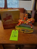 1930s Wyandotte Red Ranger Ride Em Cowboy Wind Up Mechanical Toy with Box