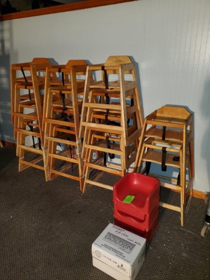14 High Chairs, 3 Booster Seats, & Box of Seatbelts
