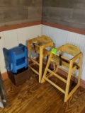 2 Stacking Restaurant Wood High Chairs & 3 Booster Seats