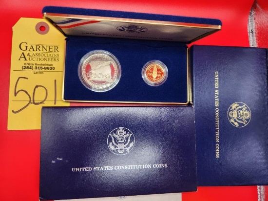 United States Constitution Coins 1987 Silver Dollar and Gold Five Dollar
