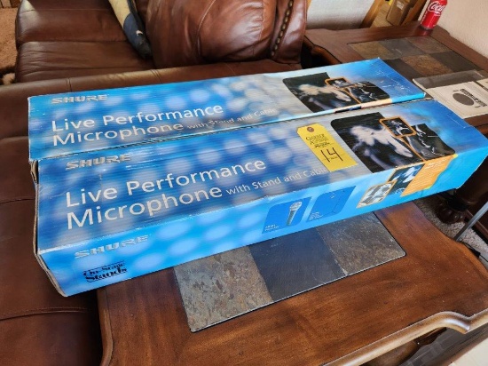 2 - Shure Live Performance Microphones with Stand & Cables - Boxes Appear to have gotten wet