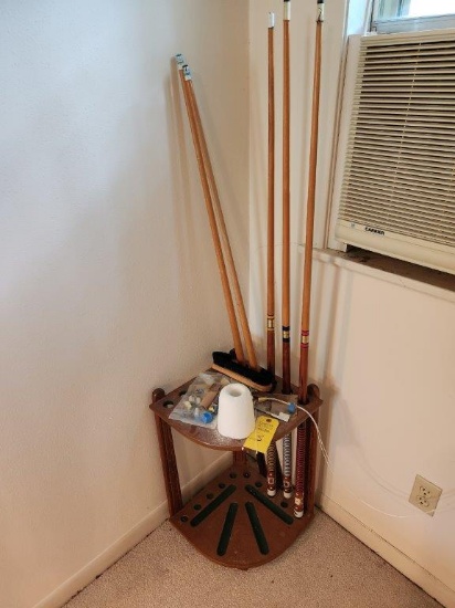 Pool Cues, Pool Cue Rack, Chalk & Misc.