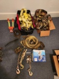 Lot of HD Ratchet Straps, Come Alongs, Hand Trailer Winch, & Box of Straps
