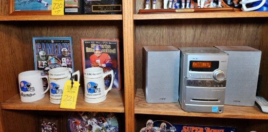 3 Denver Broncos Mugs, 2 Magazines, & Radio