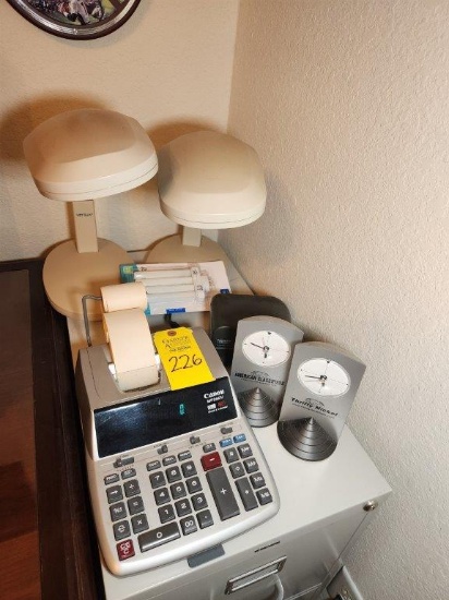 Contents Top of Filing Cabinet- Calculator, 2 Lamps, 2 Clocks