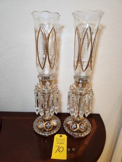 Pair of Baccarat Type Hurricane Candle Stick Lamps