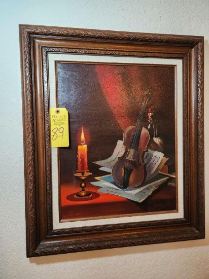 Still Life Oil on Canvas Painting Signed Rouge - Violin Candle