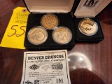 3 Solid Bronze Denver Broncos Champ Medallions & 2003 Official Game Coin