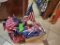 Wooden Tote of American Flags, Hats, Plaques, License Plates
