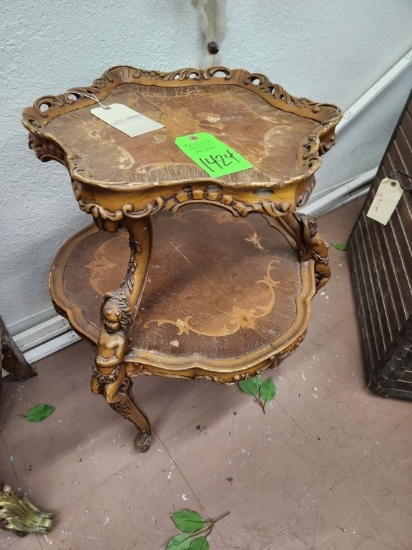 Cherub Carved Victorian Style 2 Tiered Table w/ Carved Skirts & Inlaid Tops