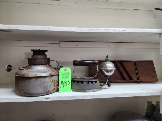 Misc. Vintage Iron, Cabbage Slicer, & Lantern Base