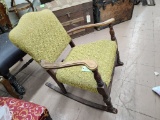 Antique Wood Arm Chair Rocker - Upholstered