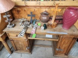 Contents of Top of Desk - Crosses, Lamp, & Misc