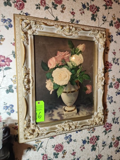 Ornate Framed Urn White & Pink Roses- By Julie Bach