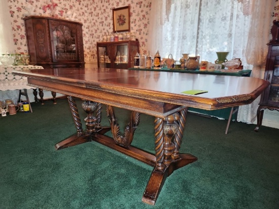 Batesville Dining Table w/ Two Leaves - Jacobean Revival Style Oak Historic Carving