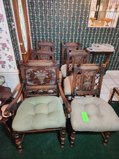 Batesville Dining Chairs 6 Ct. - One Captains & Cushions Jacobean Revival Style Oak Historic Carving