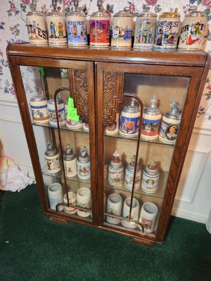 Antique Oak Curio Cabinet Carved Wood Accents