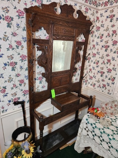 Hall Tree Carved Wood Beveled Mirror w/ Metal Trays