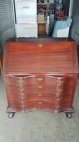 VINTAGE CURVED FRONT DROP FRONT SECRETARY W/ CLAW FEET