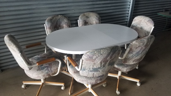 WHITE DINING TABLE AND 6 UPHOLSTERED DINING CHAIRS