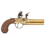 English Brass Frame Flint Tap Action 3-Barreled Pistol