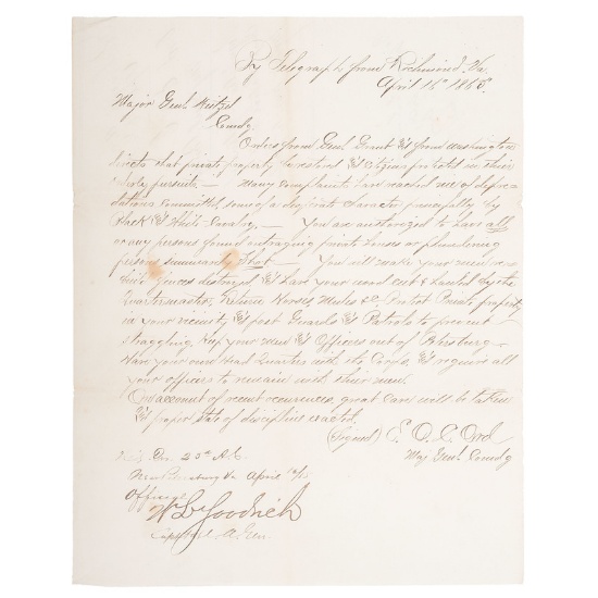 Directive From General Grant Following Lincoln's Assassination, 1865