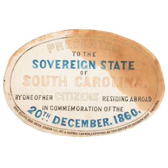 Hand Colored Drawing of Plaque Mounted on the English Blakely Gun Captured at the Battle of Cheraw i