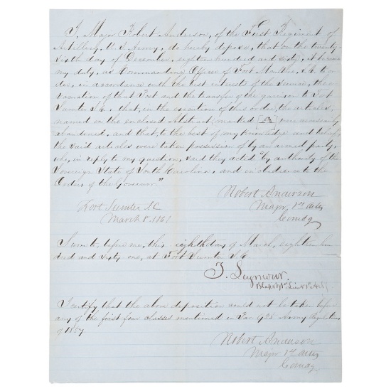Major Robert Anderson, First US Artillery, Twice Signed Deposition Concerning the Removal of his Gar