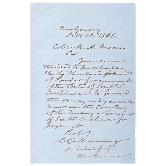 ALS by Christopher Gustavus Memminger Authorizing the Purchase of Powder Later Used in the Firing on
