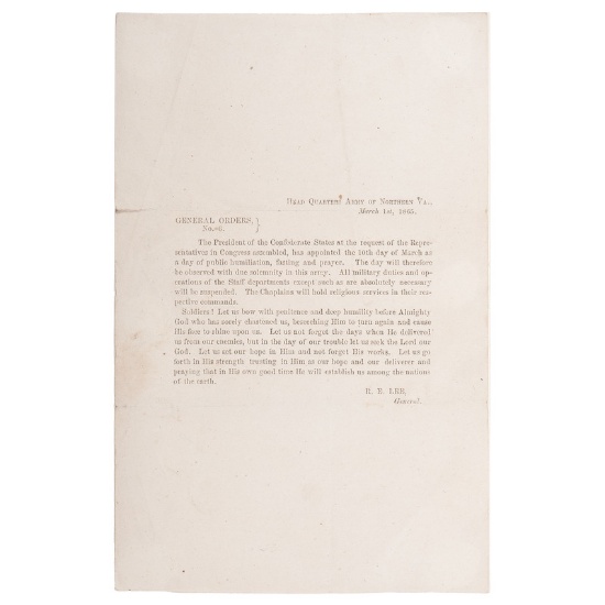 Printed Order from General Robert E. Lee Appointing March 10 a Day of "Public Humiliation, Fasting,