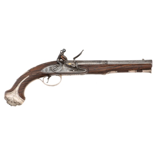 Classic Silver-Mounted Flintlock Pistol by Joseph Heylin Circa 1750's