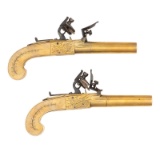 Cased Pair of All-Brass Turn Barrel Flintlock Pistols