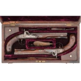 Cased Pair of English Dueling Pistols with Small Powder Flask