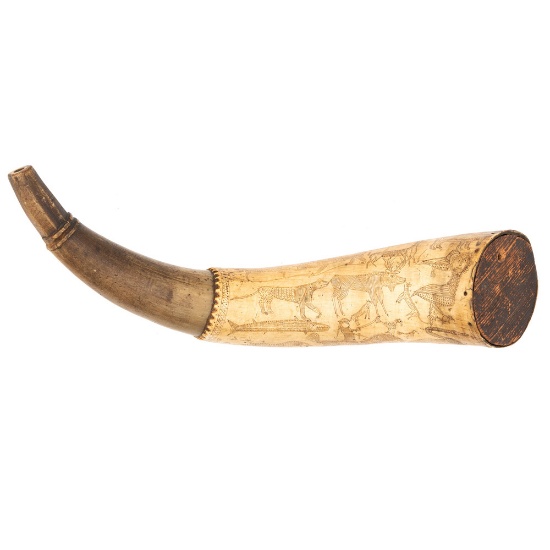 Revolutionary War Powder Horn with Engraved Folk Styled Animal Scenes Identified to Jonathan Hunton