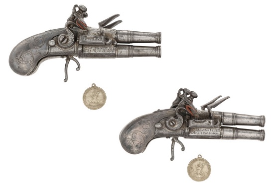 Pair of Engraved Silver and Steel Over/Under Flintlock Pocket Pistols by Claude Niquet of Liege - Ex