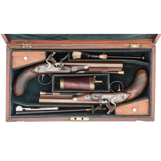 Cased Set of English Flintlock Dueling Pistols by Mortimer with Registration Marks