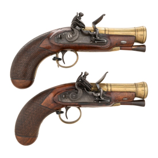 Pair of Brass Cannon Barreled Flintlock Pistols by Alexander Thomson of Edinburgh