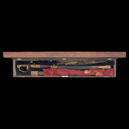 Cased Damascus Bladed Import 1850 Staff & Field Officers Sword of Capt. William Wood