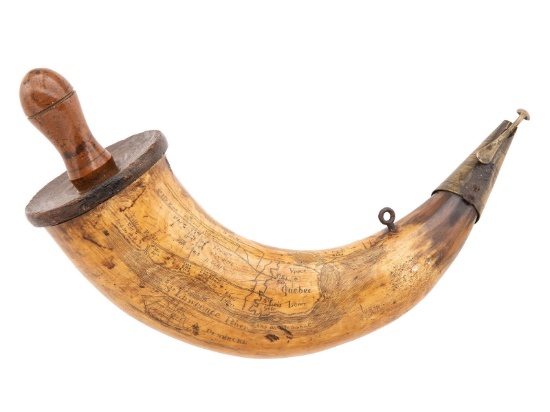 Carved Siege of Quebec Artillery Priming Horn of John Calfe Dated 1759