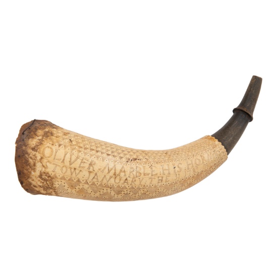 Carved Powder Horn of Revolutionary War Veteran Oliver Marble of Stow, MA