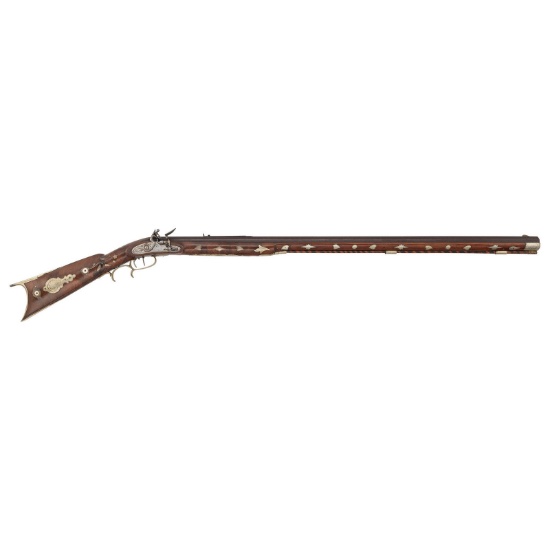 Ornate 19th Century German Silver Decorated Heavy Barrel Flintlock Rifle Signed "S.S."