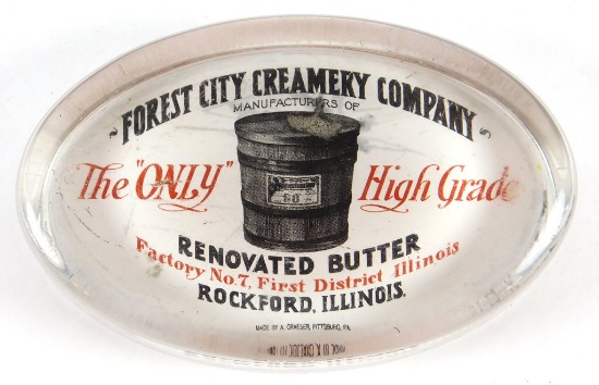 Circa 1910 Advertising Glass Paperweight for:  Forest City Creamery Company