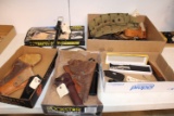 Asst of gun holsters, knives, 80 lb cross box=w