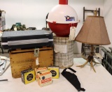 Bobber cooler, antler lamp, wood ammo box, brief case, empty paper shell box