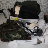 Asst of camo jackets, camp clothing, gloves, bags, etc