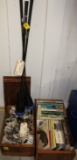 Collector gun books, bird glasses, left handed golf clubs