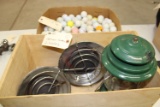 Box of golf balls, coleman lantern, 2 heaters