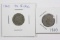 Two (2) 1865 Three Cent Pieces - Nickel Variety
