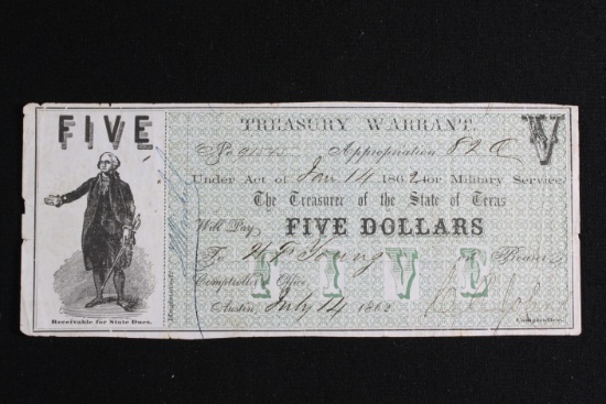 Civil War 1862 $5.00 Confederate Treasury Warrant